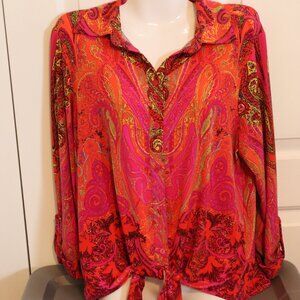 Nygard Bright Pink & Orange Paisley Front Tie Button Up Shirt Rolled Sleeve Lg